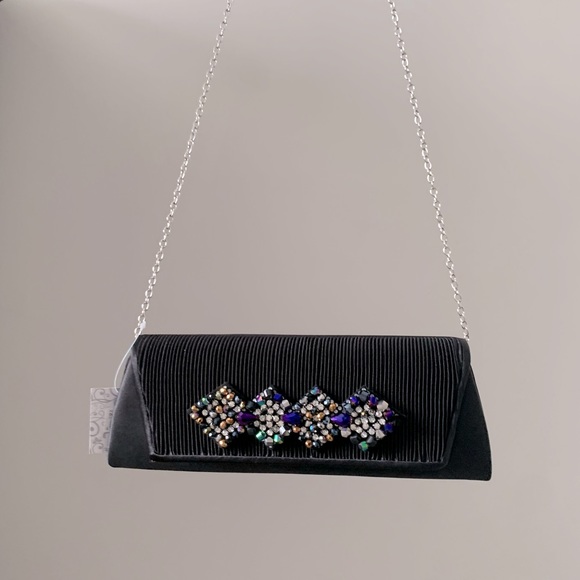 Lulu Townsend Handbags - Black Crystal Clutch Satin Silk Rhinestone Silver Embellish Purse Chain Handbag